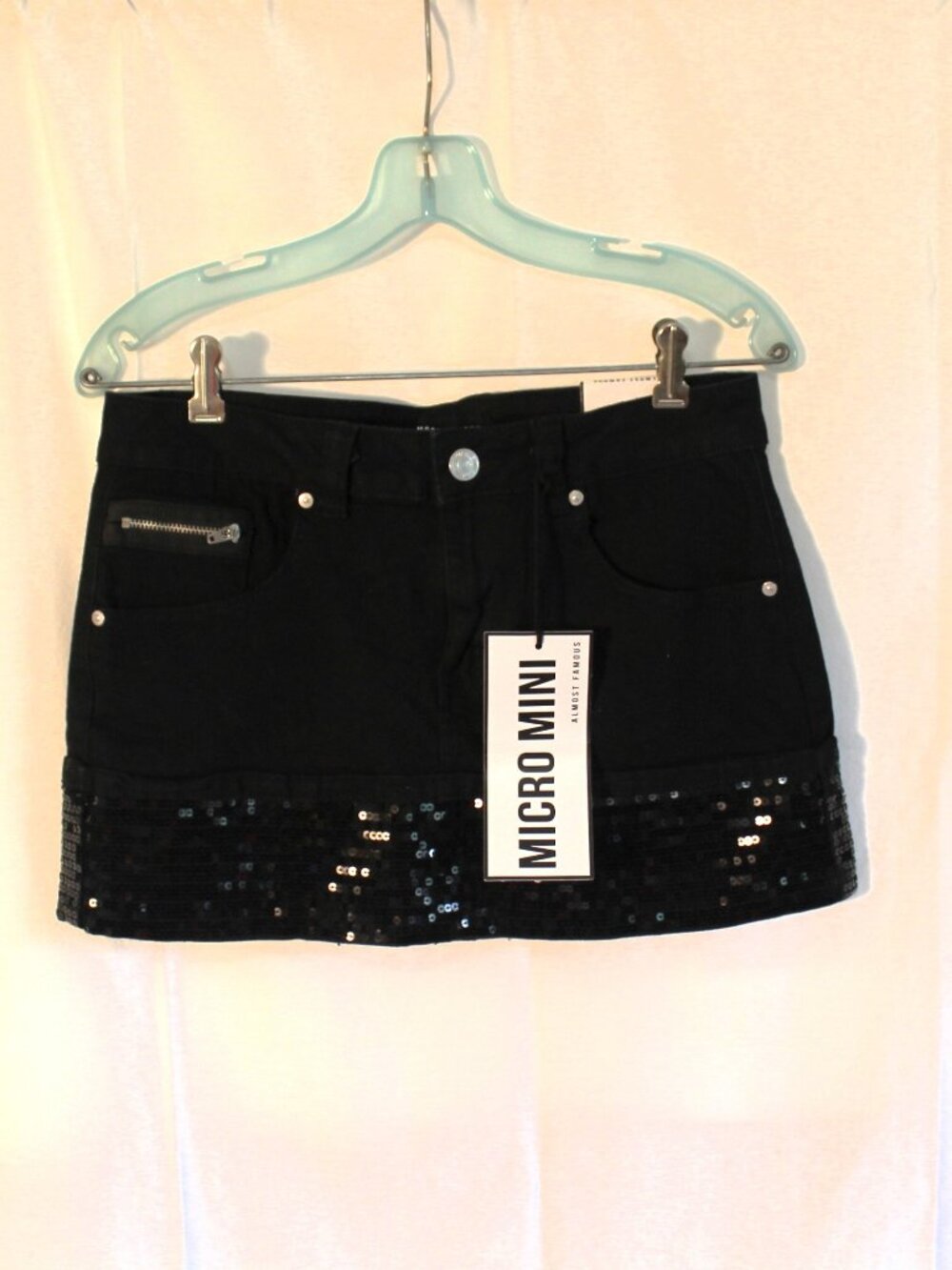 NWT Almost Famous Black Denim Sequined Micro Mini Skirt Small (Juniors)
